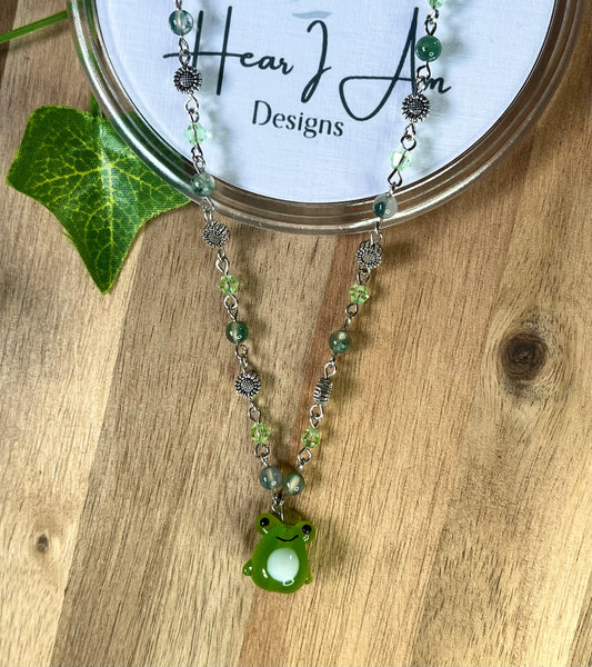 Froggy Necklace - moss agate and glass beads