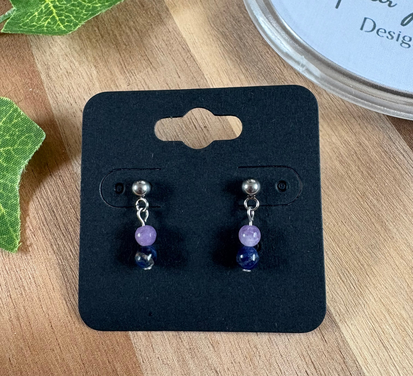 Stainless Steel Stud Earrings with Lepidolite & Crystal Drops