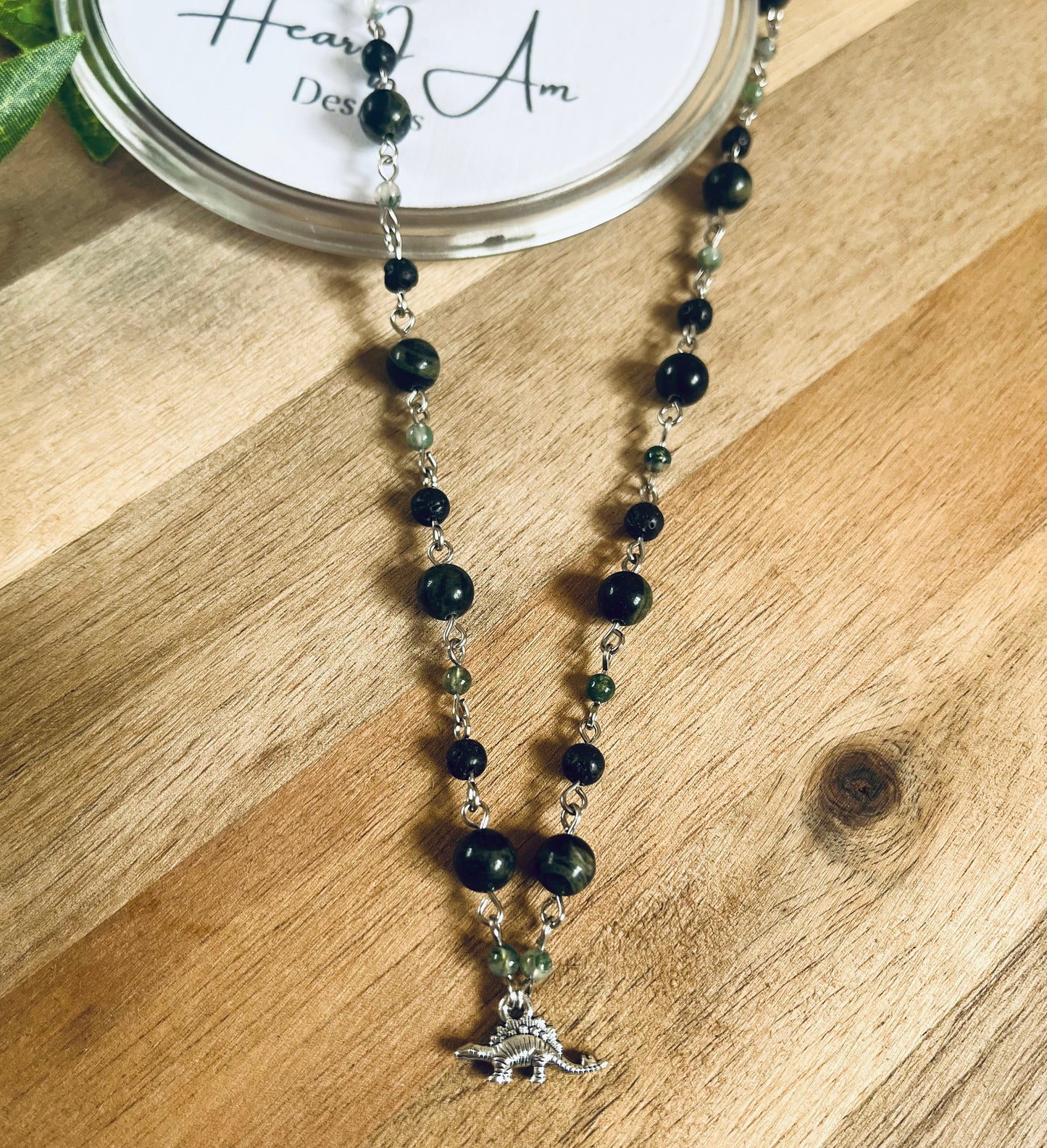 Dinosaur Beaded Necklace - Kambaba Jasper, Moss Agate and Lava Stone