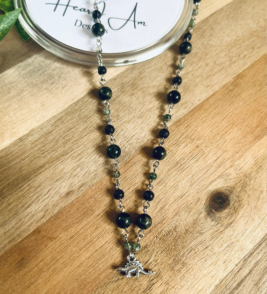 Dinosaur Beaded Necklace - Kambaba Jasper, Moss Agate and Lava Stone