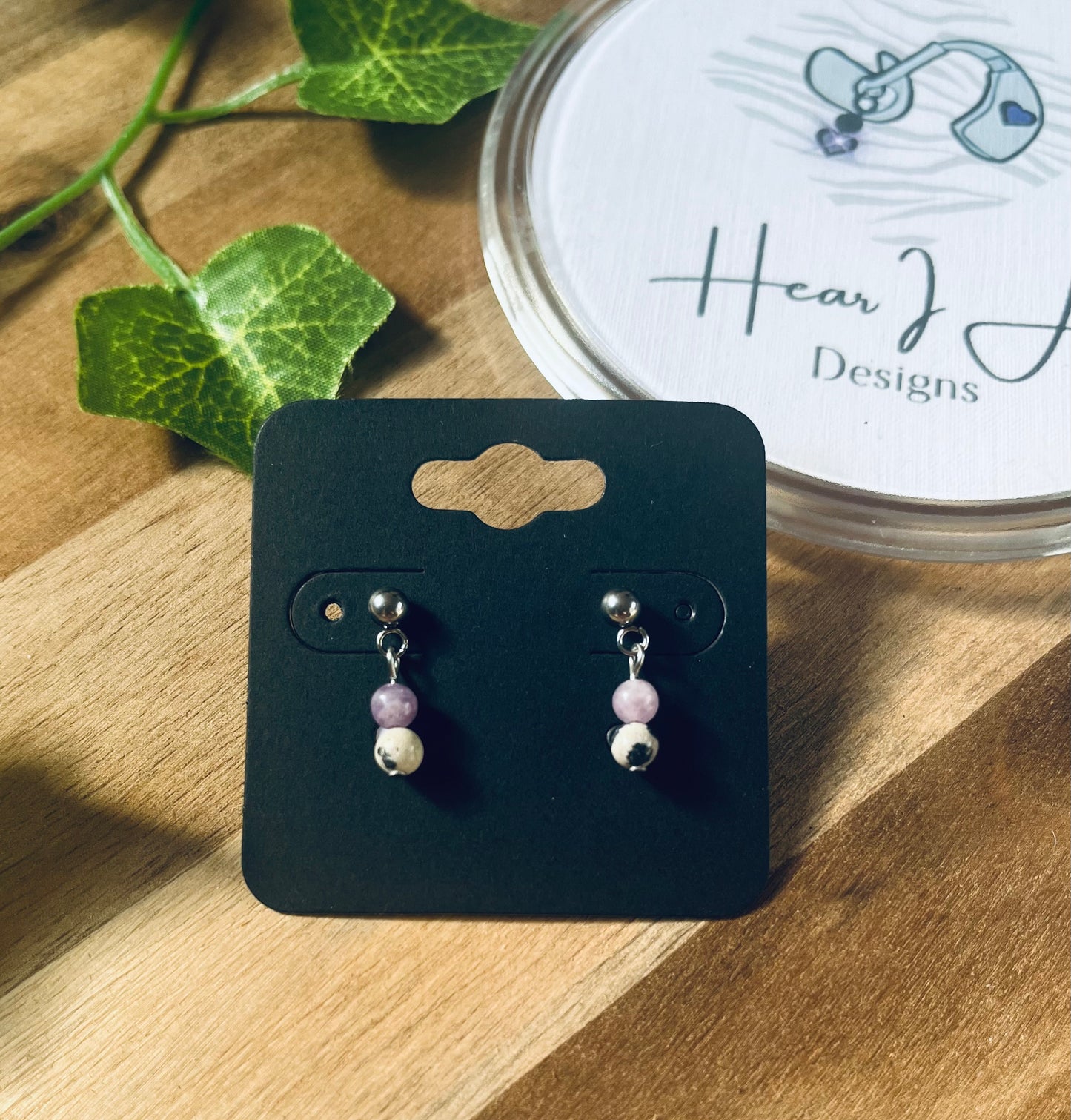 Stainless Steel Stud Earrings with Lepidolite & Crystal Drops