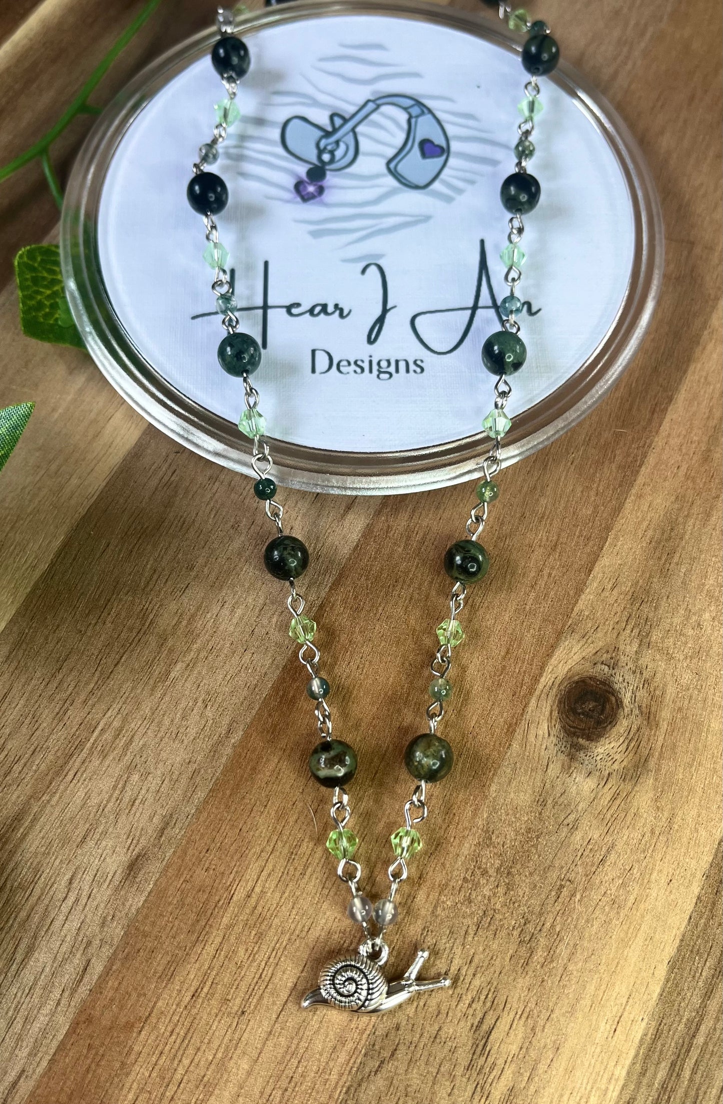 Woodland Snail Necklace – Kambaba Jasper, Moss Agate, Green Glass & Stainless Steel