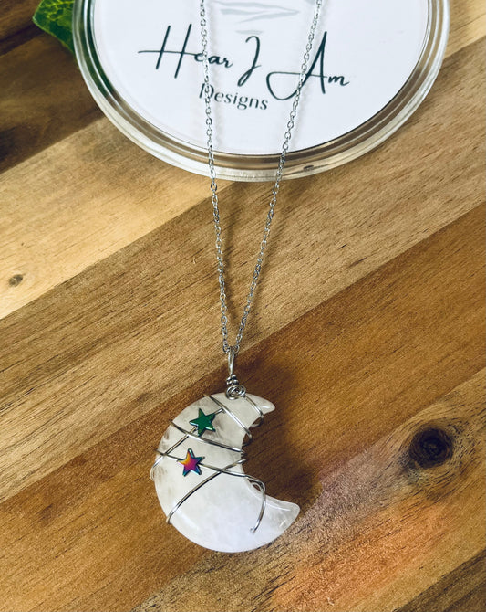 Wire Wrapped Clear Quartz Moon Pendant