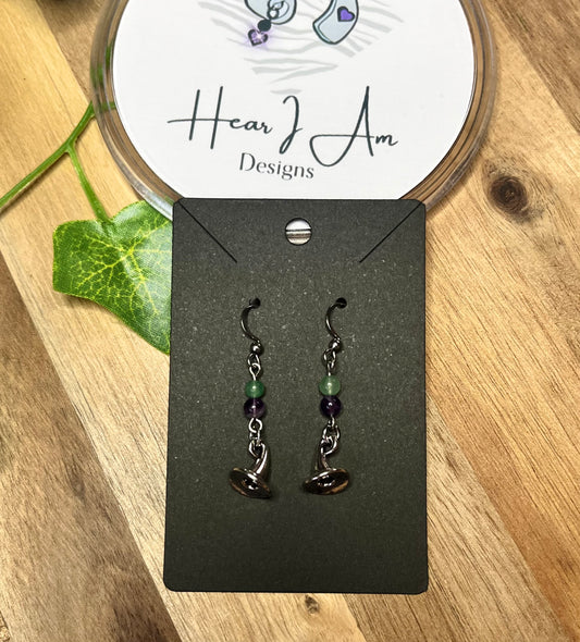 Dream Amethyst and Green Aventurine Witch Hat Earrings