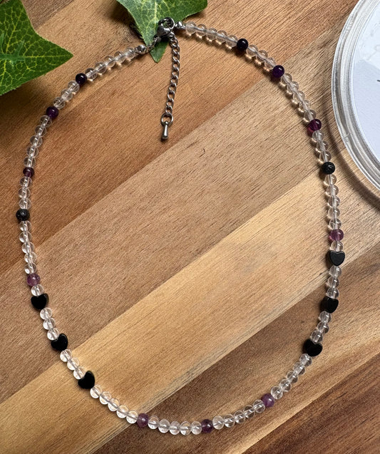 Handmade Beaded Necklace with Clear Quartz, Purple Fluorite and Whitby Jet Heart Beads