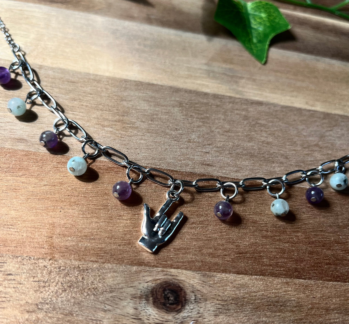 ILY Stainless Steel Paperclip Style Bracelet with Amethyst and Kiwi Jasper Beads