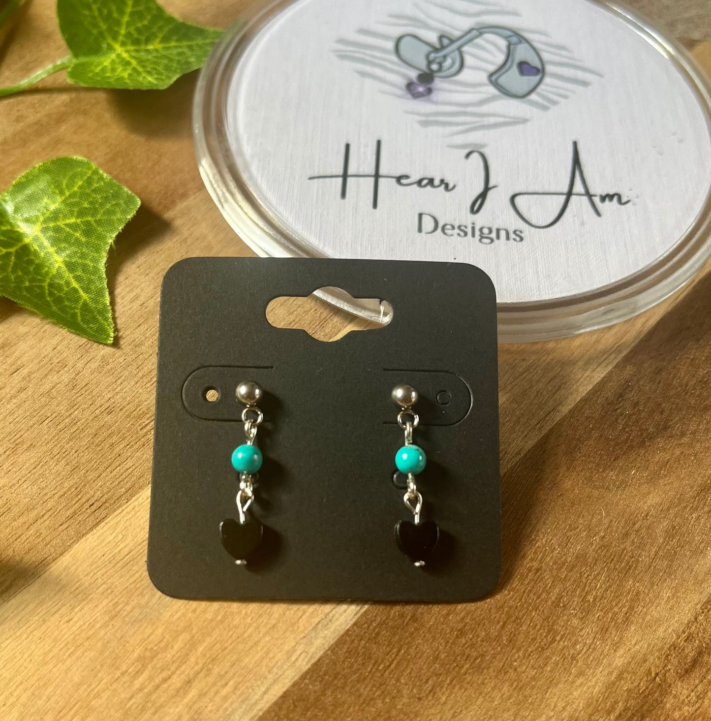 Stainless Steel Stud Earrings with Whitby Jet Hearts & Crystal Beads