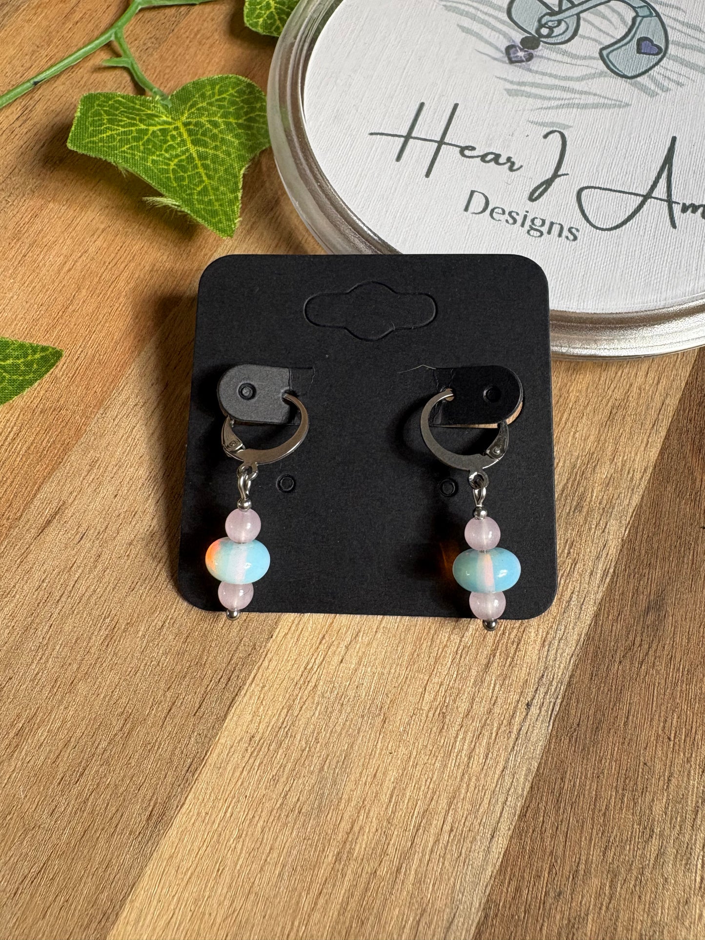 ✨ Opalite & Pink Glass Bead Lever Back Earrings