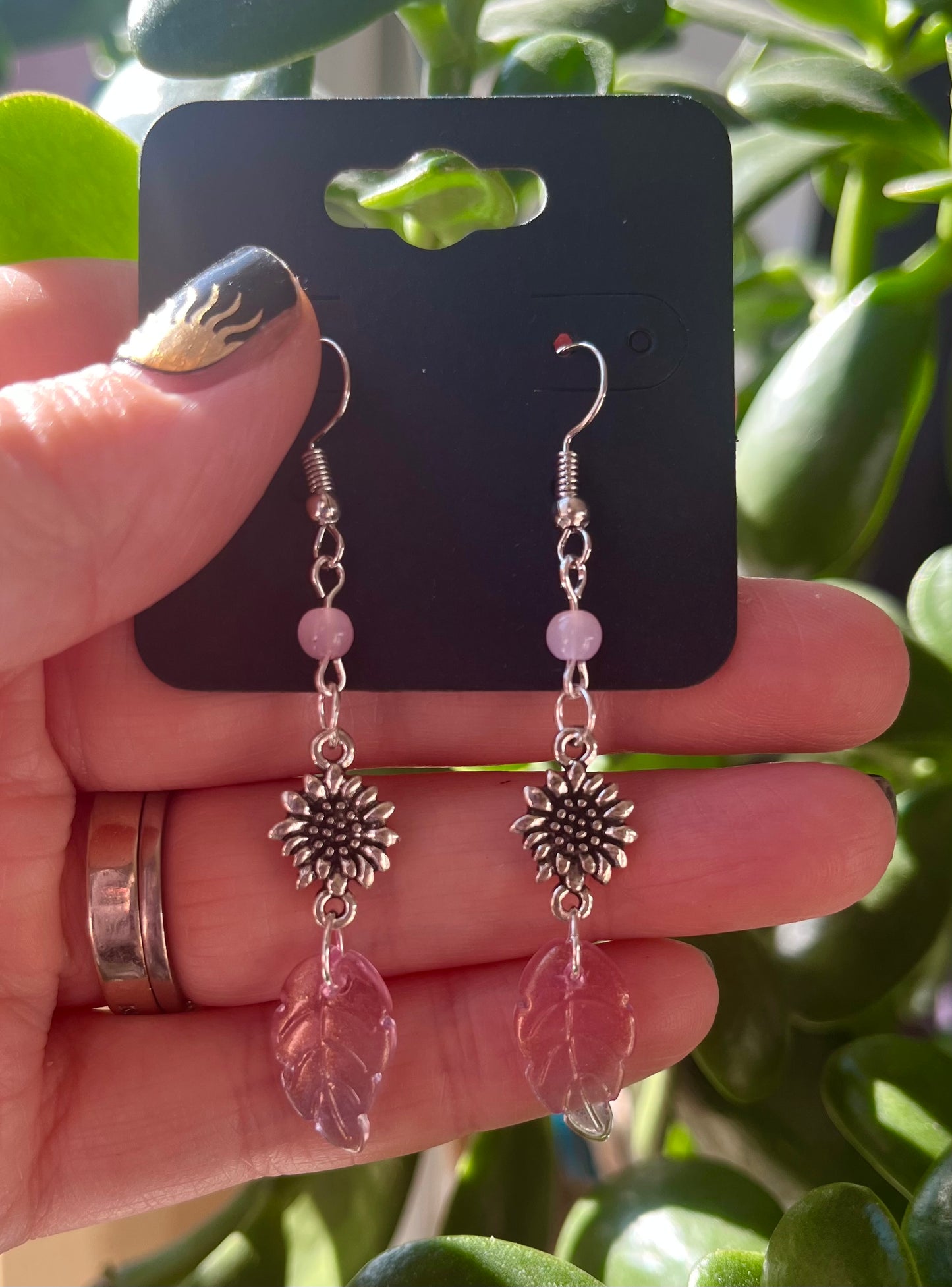 Stainless Steel Sunflower and Leaf Earrings