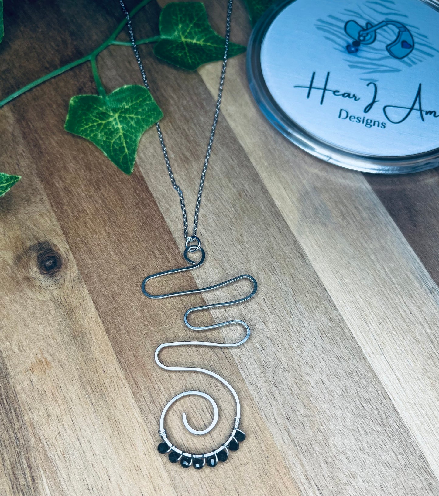 Handmade Stainless Steel Wire Pendant with Faceted Black Tourmaline Beads – 18” Chain + 2” Extender
