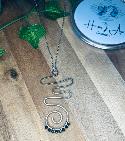 Handmade Stainless Steel Wire Pendant with Faceted Black Tourmaline Beads – 18” Chain + 2” Extender