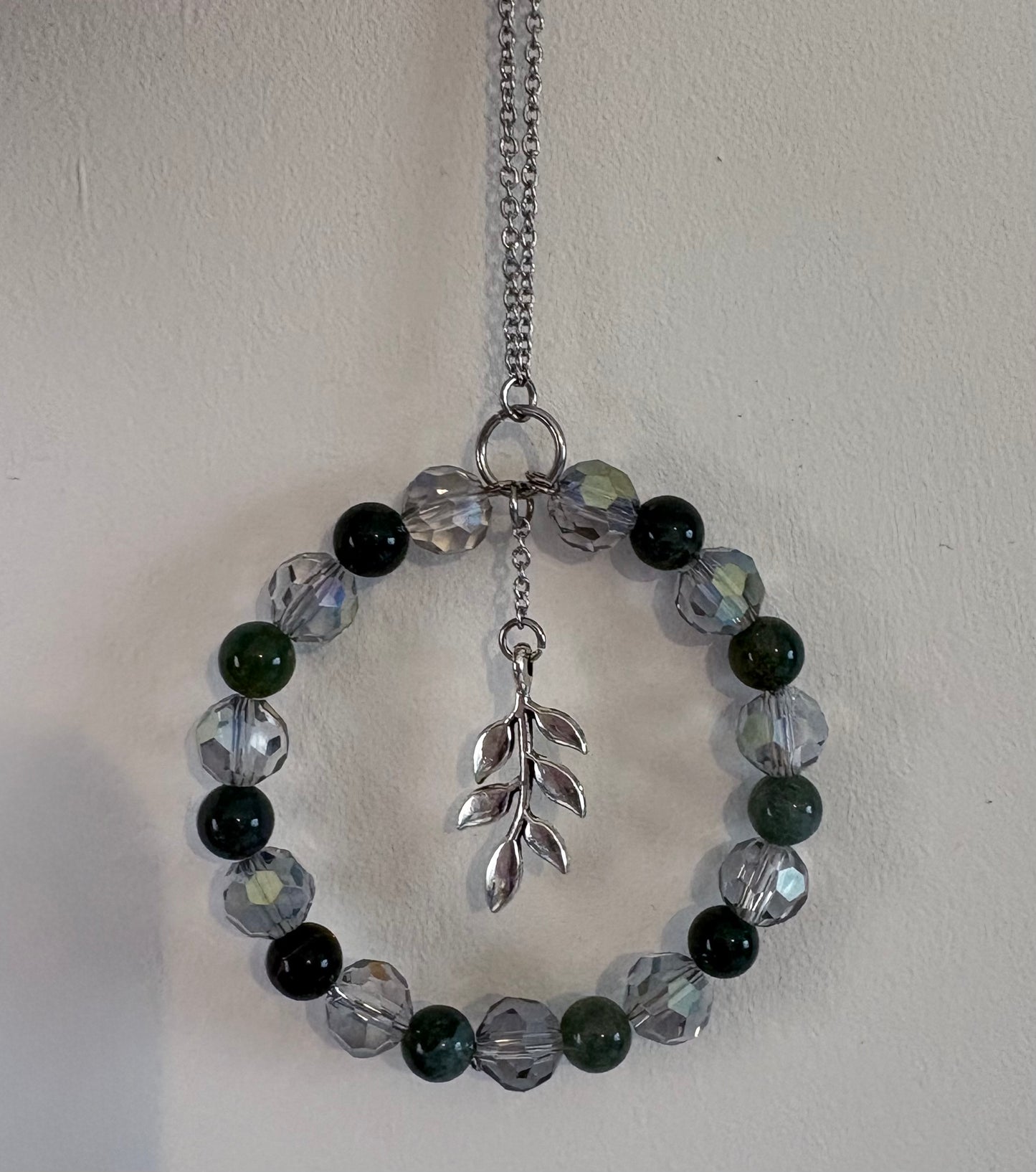 Moss Agate & Glass Bead Round Suncatcher with Metal Leaf Charm