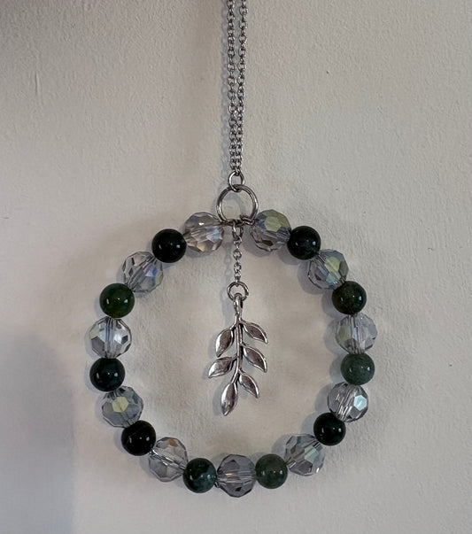 Moss Agate & Glass Bead Round Suncatcher with Metal Leaf Charm