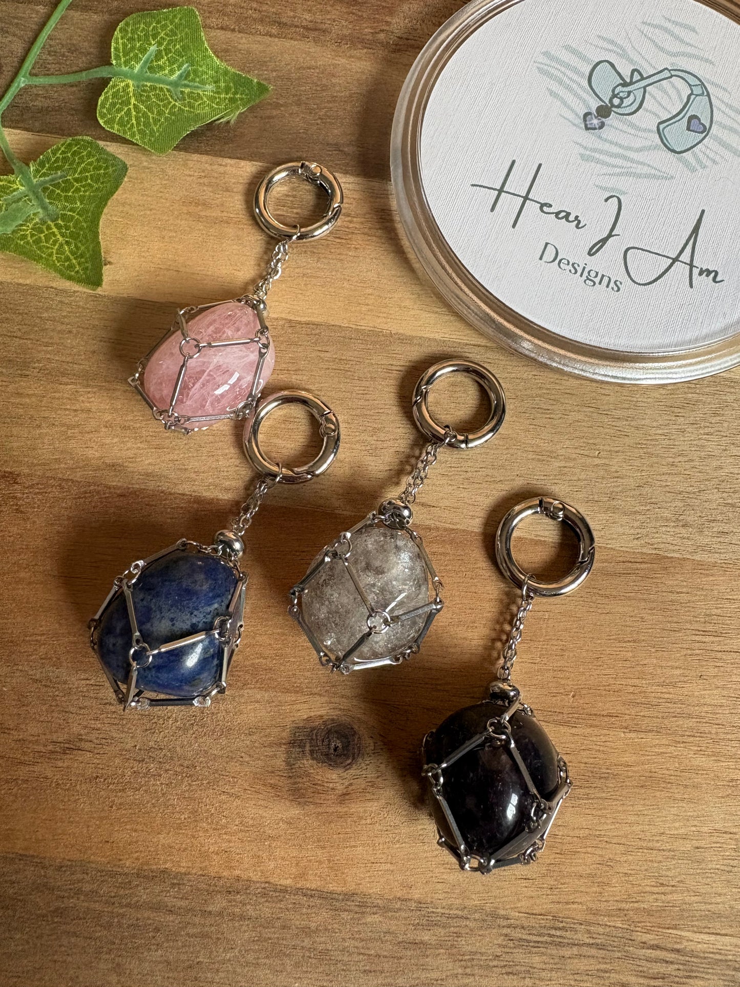 Stainless Steel Crystal Cage Keyring – Includes One Interchangeable Tumbled Crystal