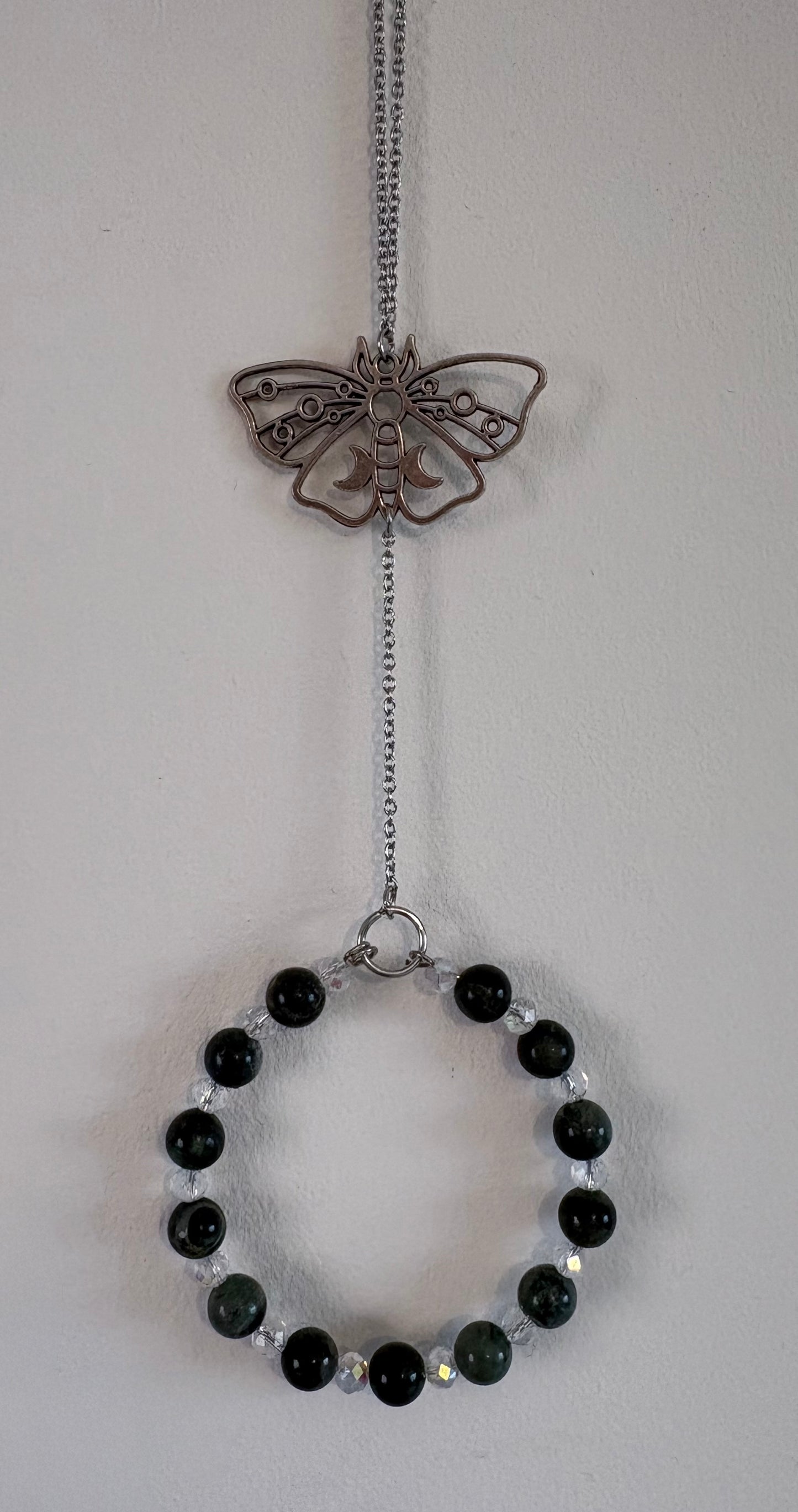 Kambaba Jasper & Glass Bead Suncatcher with Stainless Steel Lunar Moth Accent