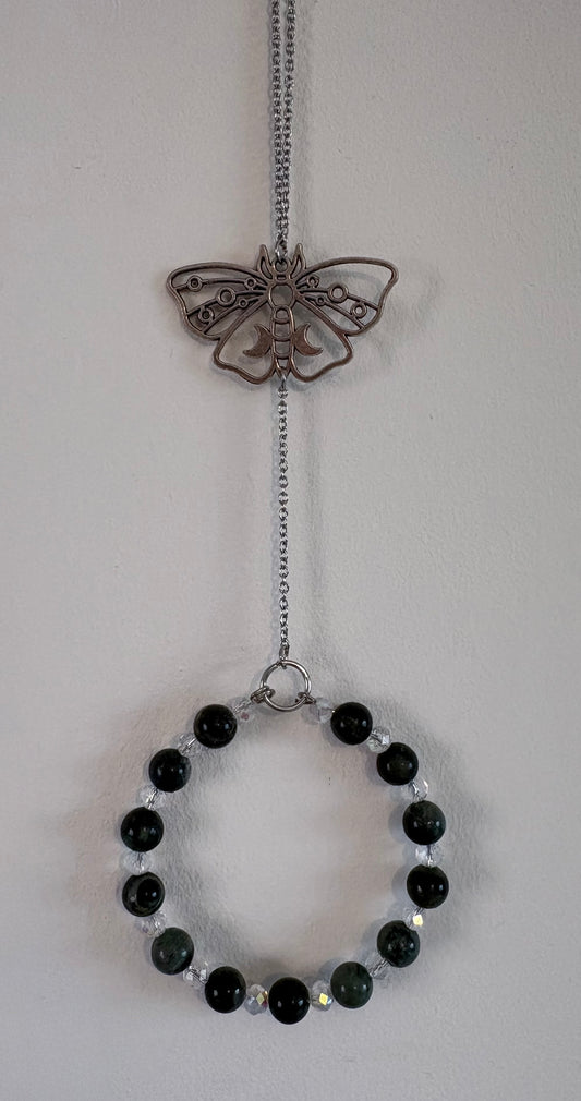 Kambaba Jasper & Glass Bead Suncatcher with Stainless Steel Lunar Moth Accent