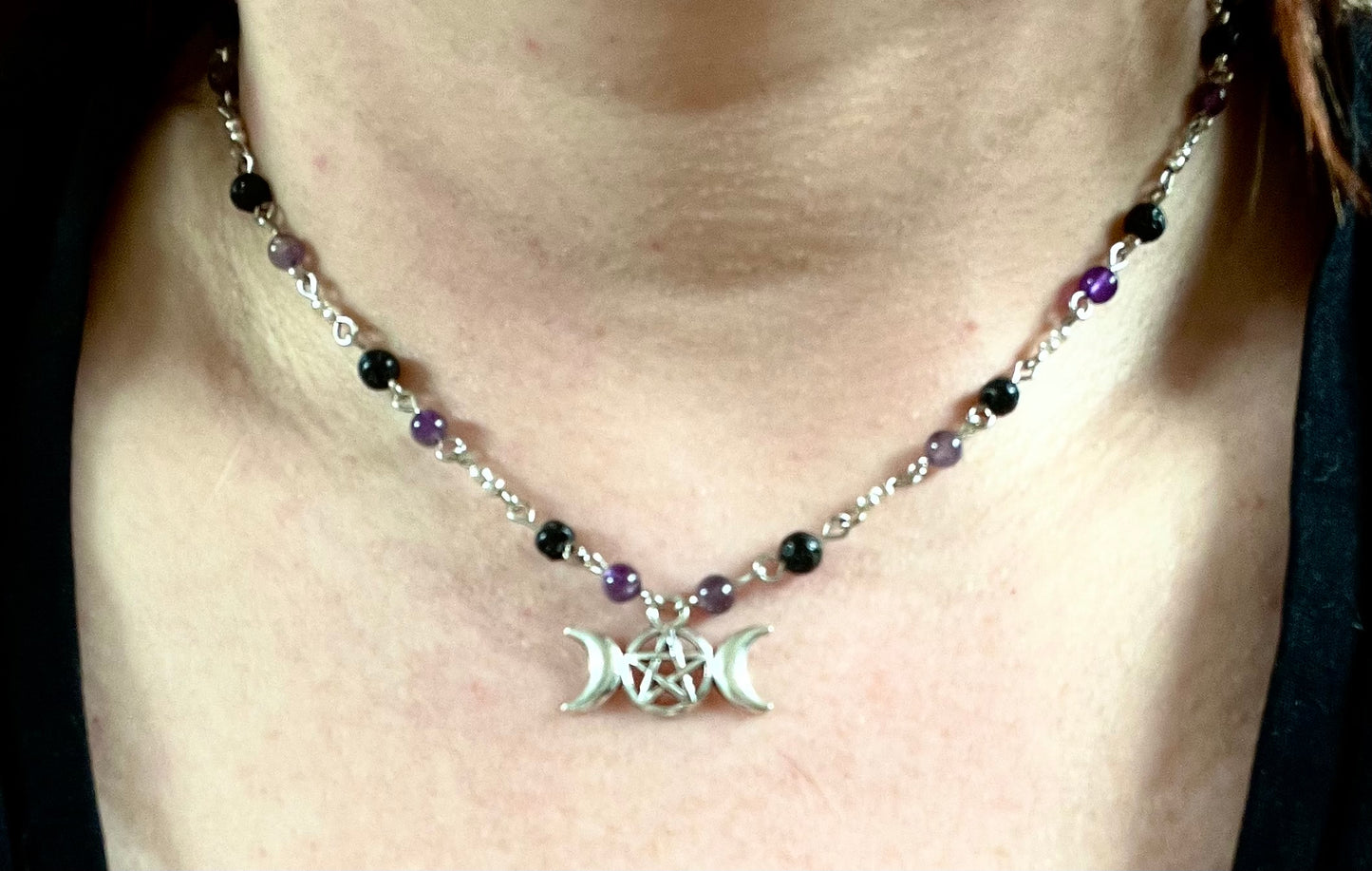 Moon Phase Necklace – Amethyst, Lava Stone & Stainless Steel
