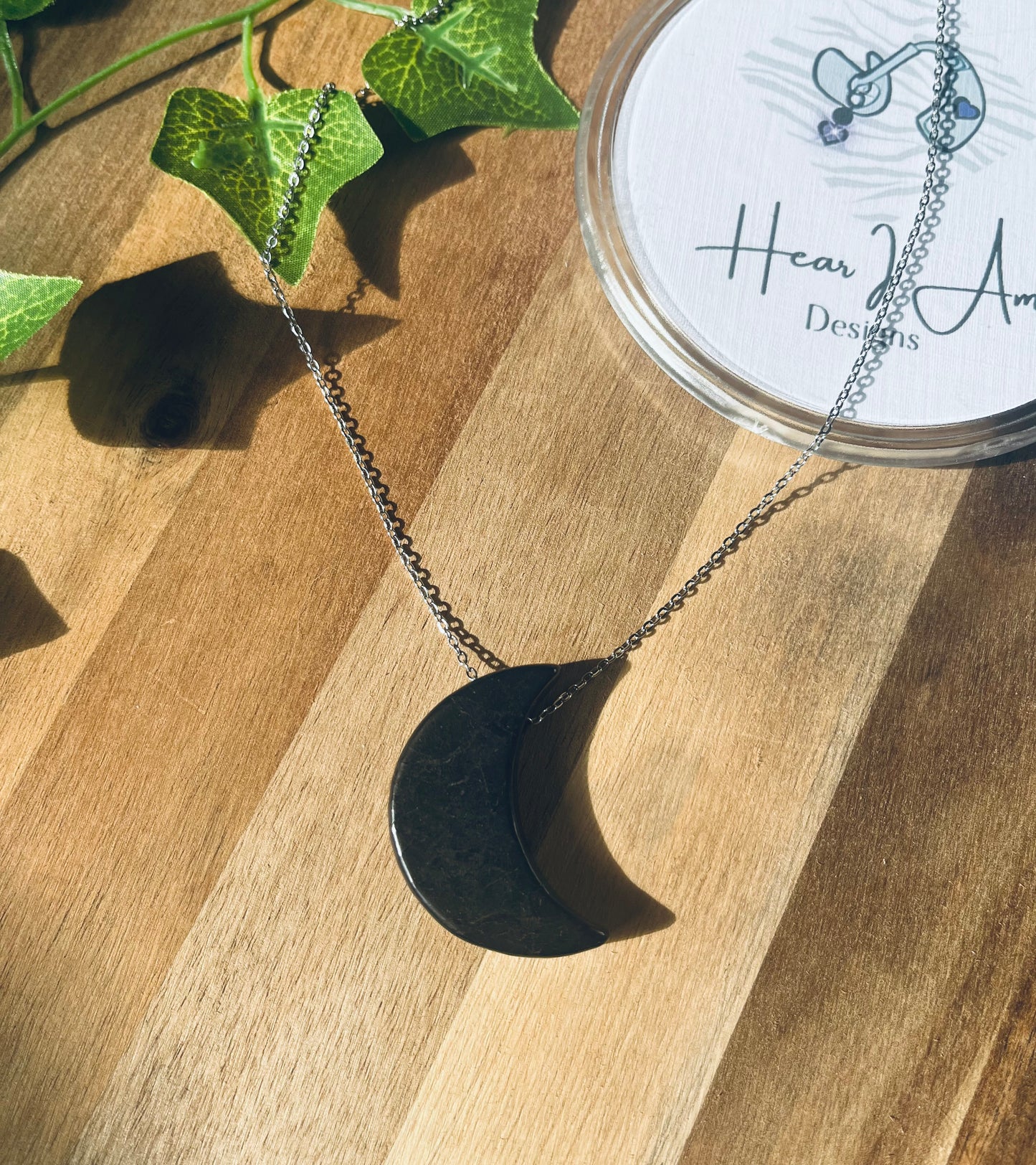 Shungite Moon Pendants on Stainless Steel Chain