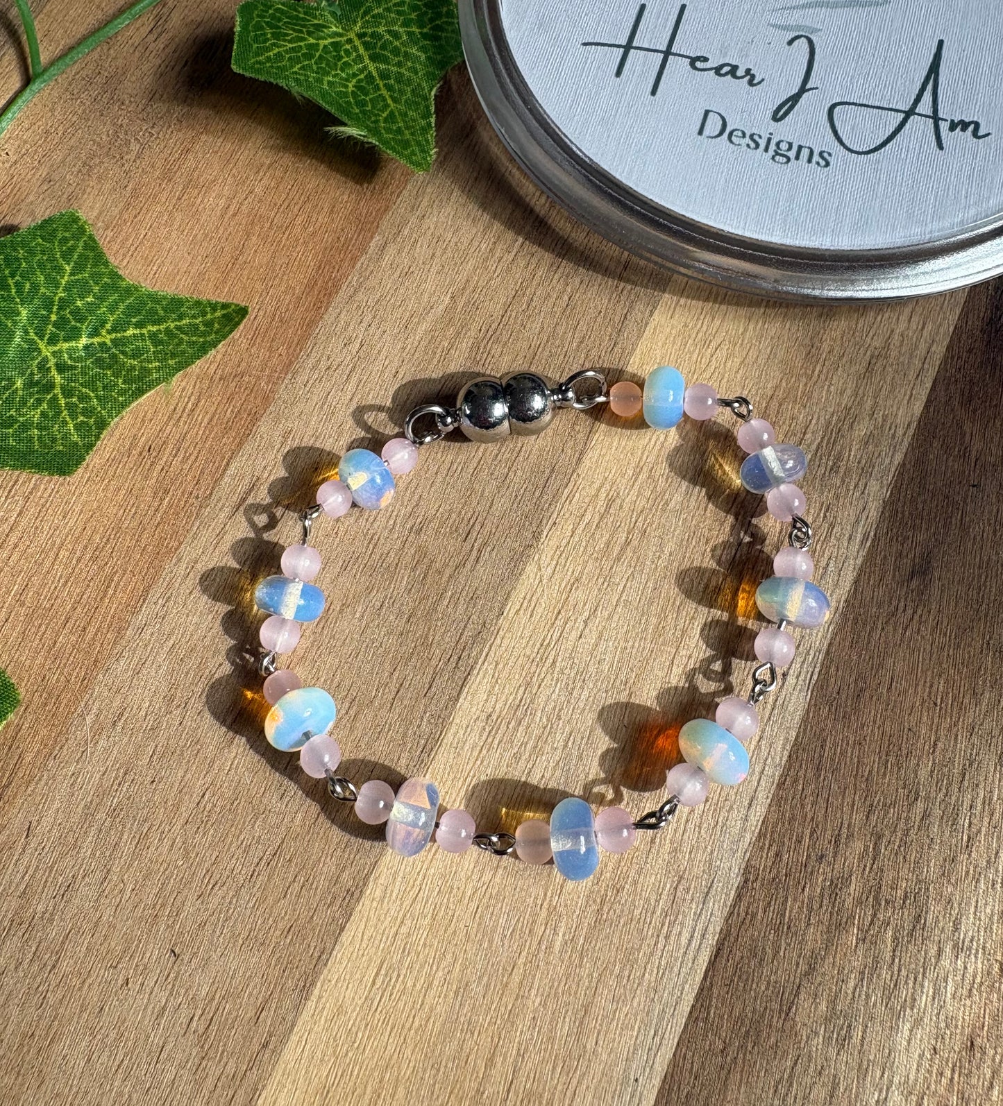 ✨ Opalite and Pink Glass Bracelet with Magnetic Clasp