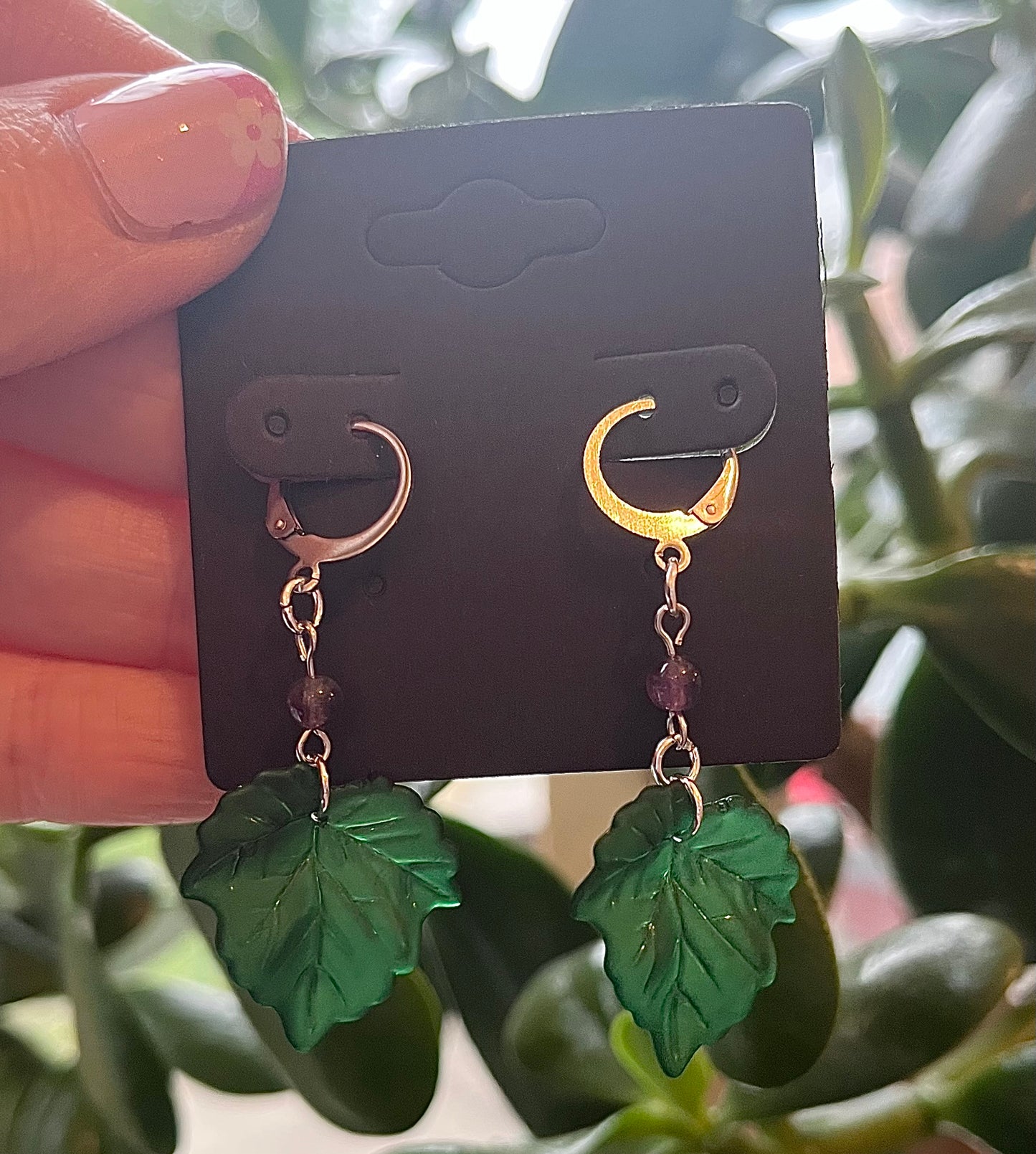 Stainless Steel Huggie Hoop Earrings with Acrylic Leaf Charms & Amethyst Beads