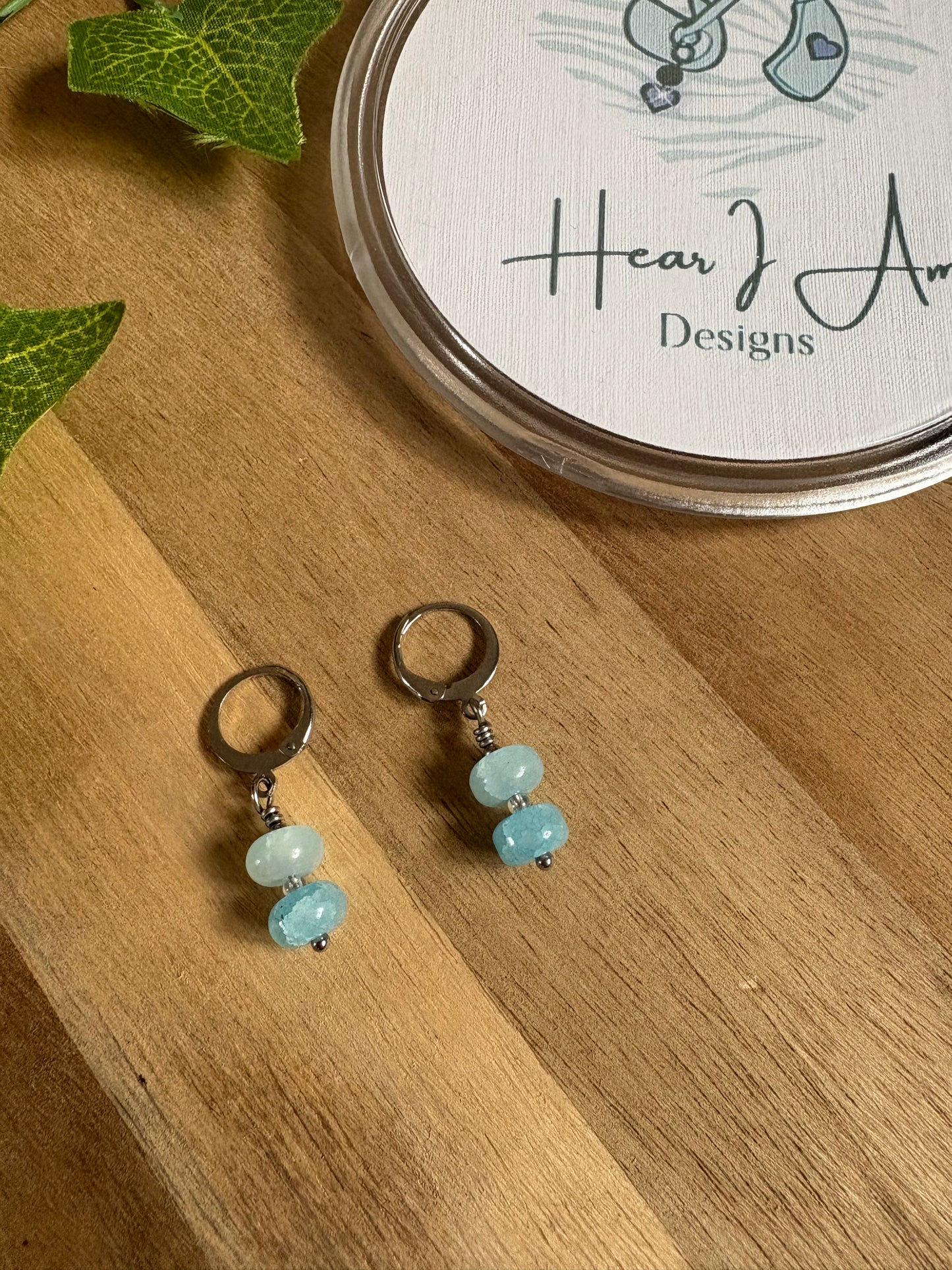 Pale Blue Crackled Bead Earrings | Stainless Steel Lever Back Huggies