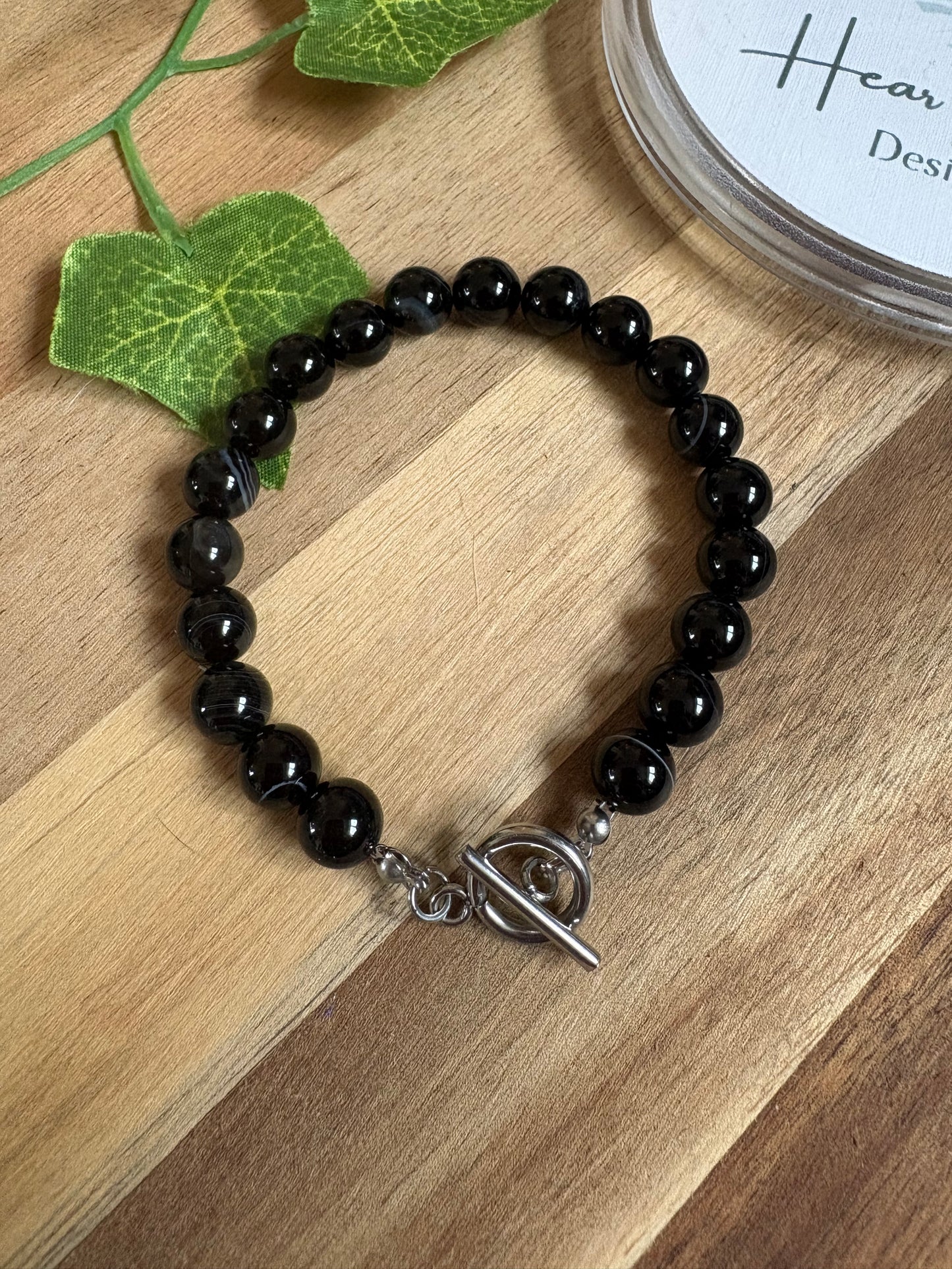 ✨ Easy-Fasten Black Agate 8mm Crystal Bracelet with Stainless Steel Toggle Clasp