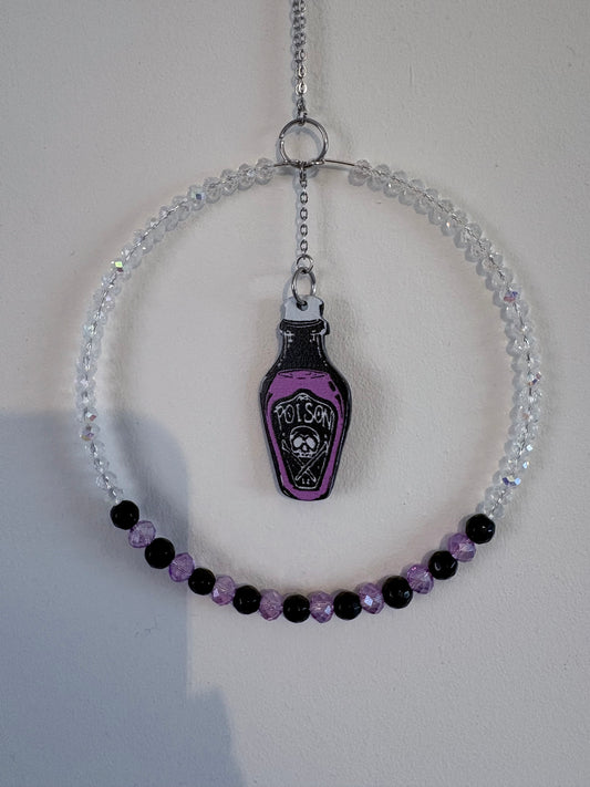 Obsidian & Glass Bead Suncatcher with Acrylic Poison Bottle Charm