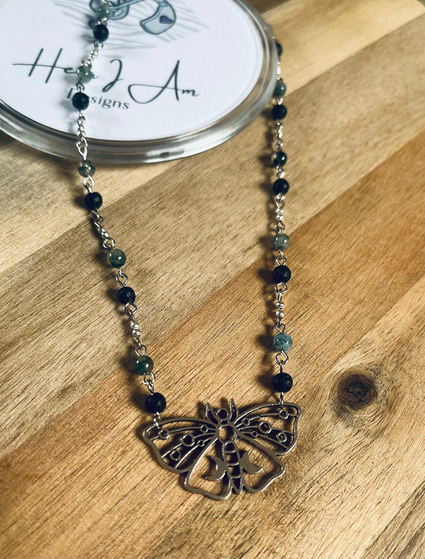 Lunar Moth Beaded Necklace - Moss Agate and Lava Stone