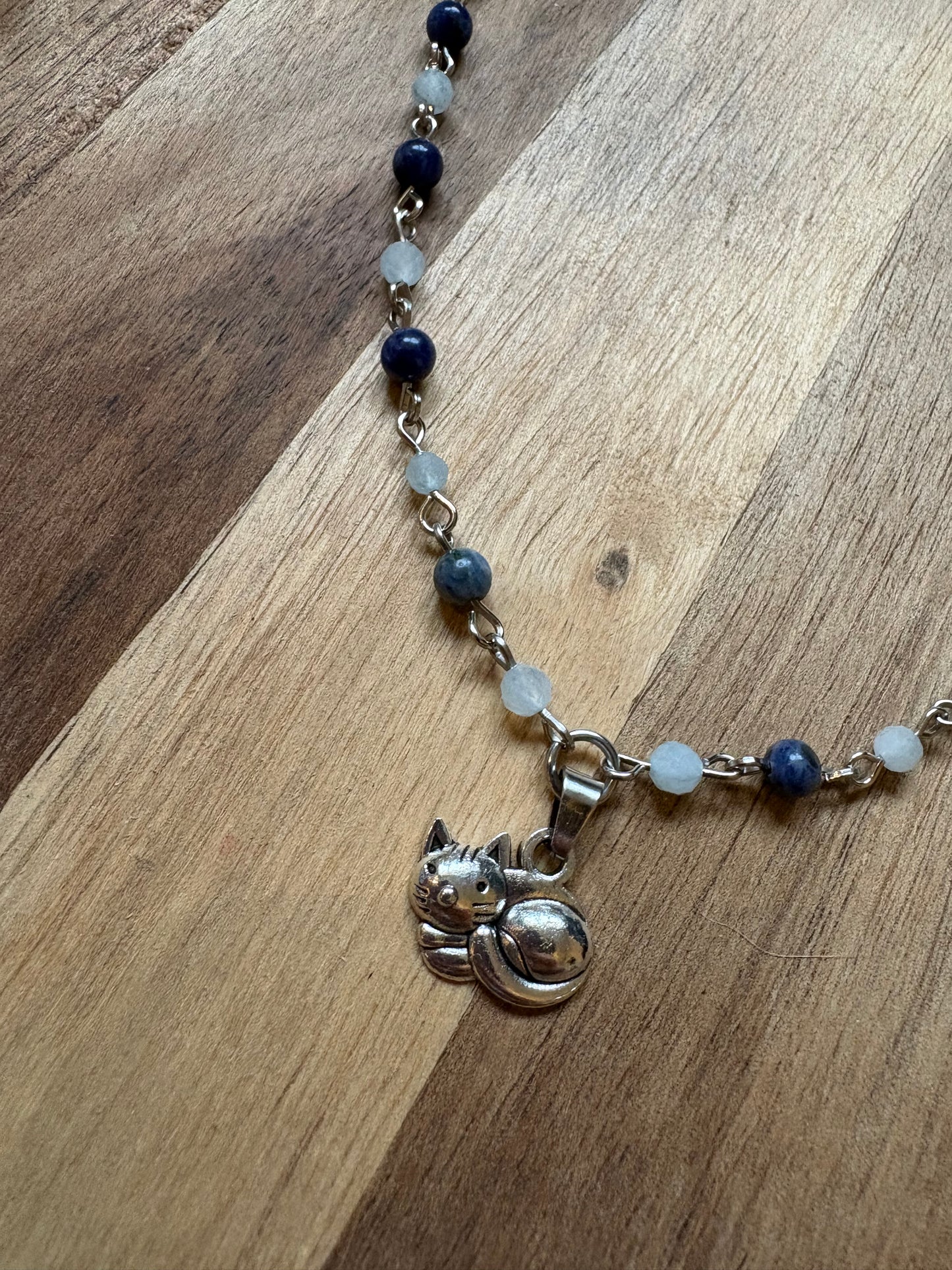Handcrafted Cat Charm Necklace with Aquamarine & Sodalite Beads