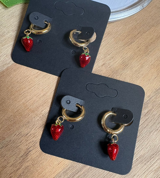 Gold Strawberry Enamel Huggies