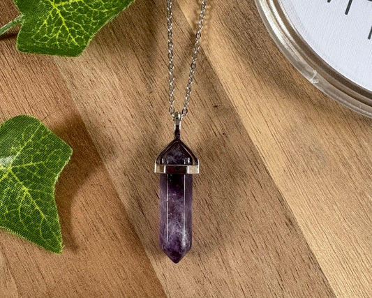 Crystal Hexagonal Point Pendant Necklace – Rhodium Plated | Amethyst, Sodalite, Black Onyx, Labradorite