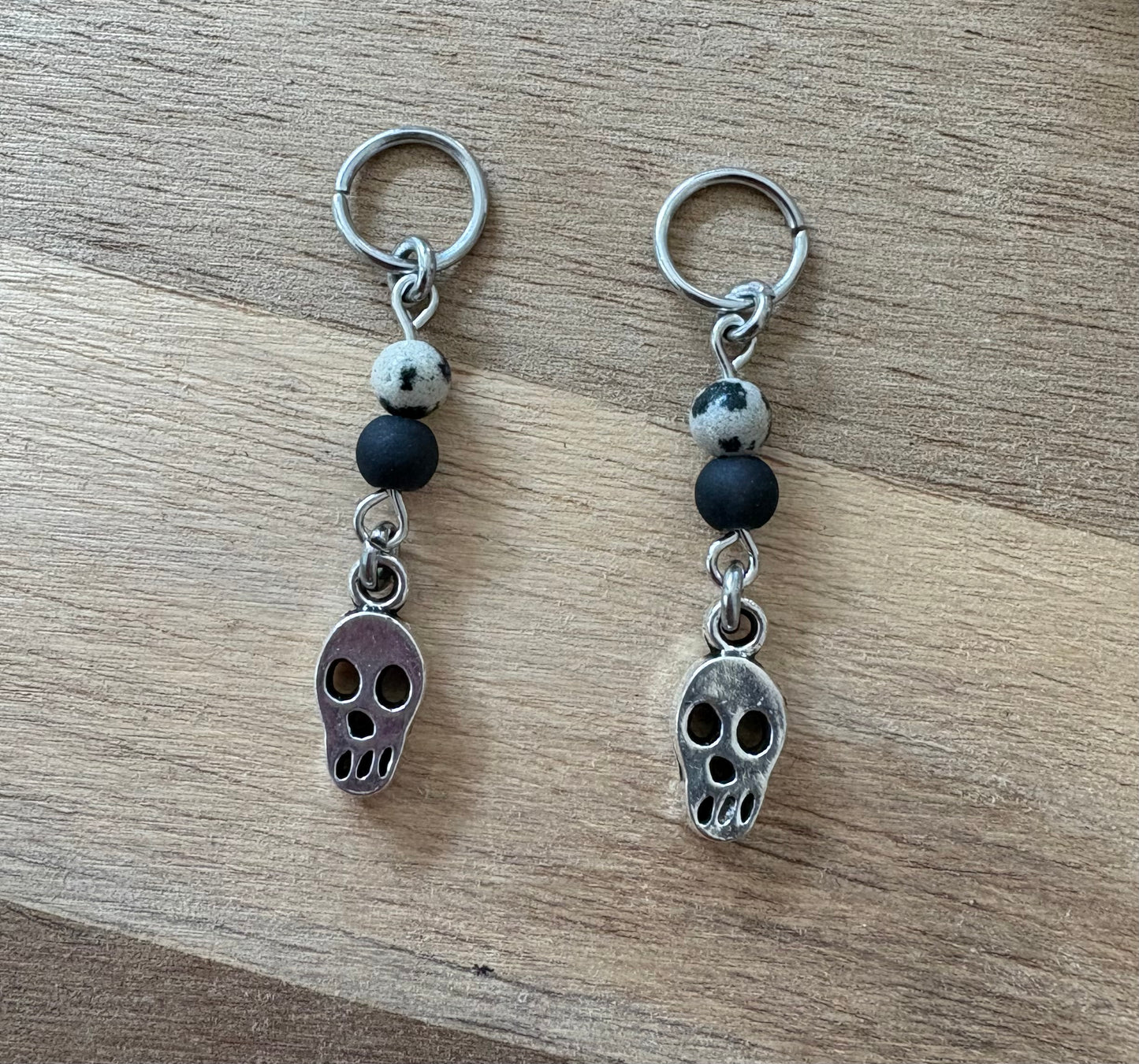 💀 Skull Hearing Aid Charms with Black Glass & Dalmatian Jasper Beads