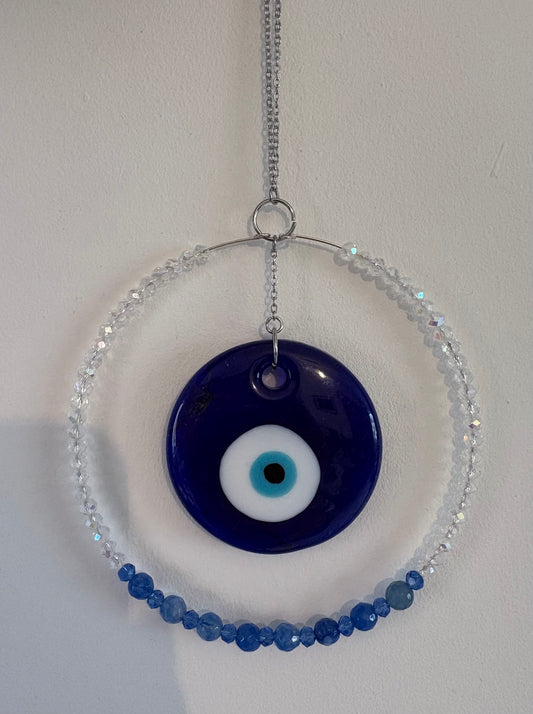 Blue Aventurine & Glass Bead Suncatcher with Large Glass Evil Eye Charm
