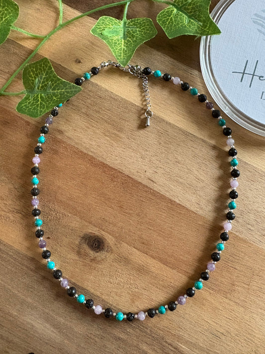 Handmade Crystal Necklace – Turquoise, Lepidolite, Amethyst & Lava Stone