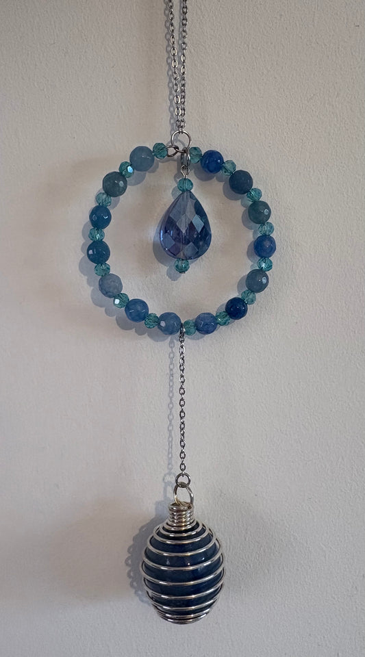 Blue Aventurine Suncatcher with Adjustable Crystal Cage & Glass Beads