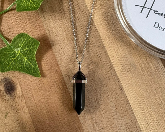 Crystal Hexagonal Point Pendant Necklace – Rhodium Plated | Amethyst, Sodalite, Black Onyx, Labradorite