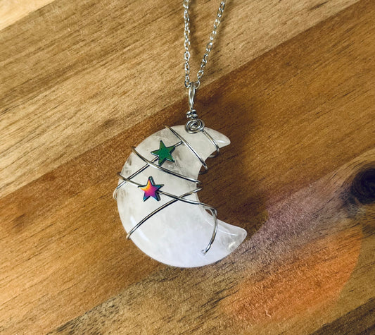 Wire Wrapped Clear Quartz Moon Pendant