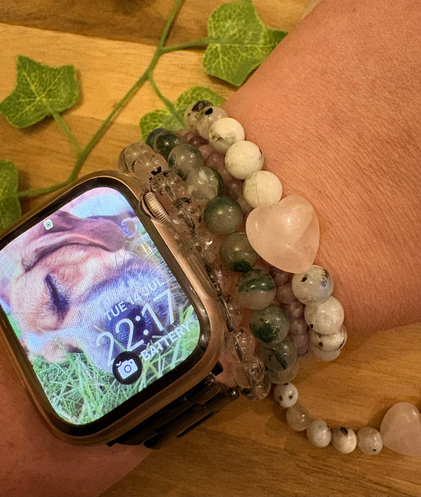 Rainbow Moonstone & Rose Quartz Heart Bracelet