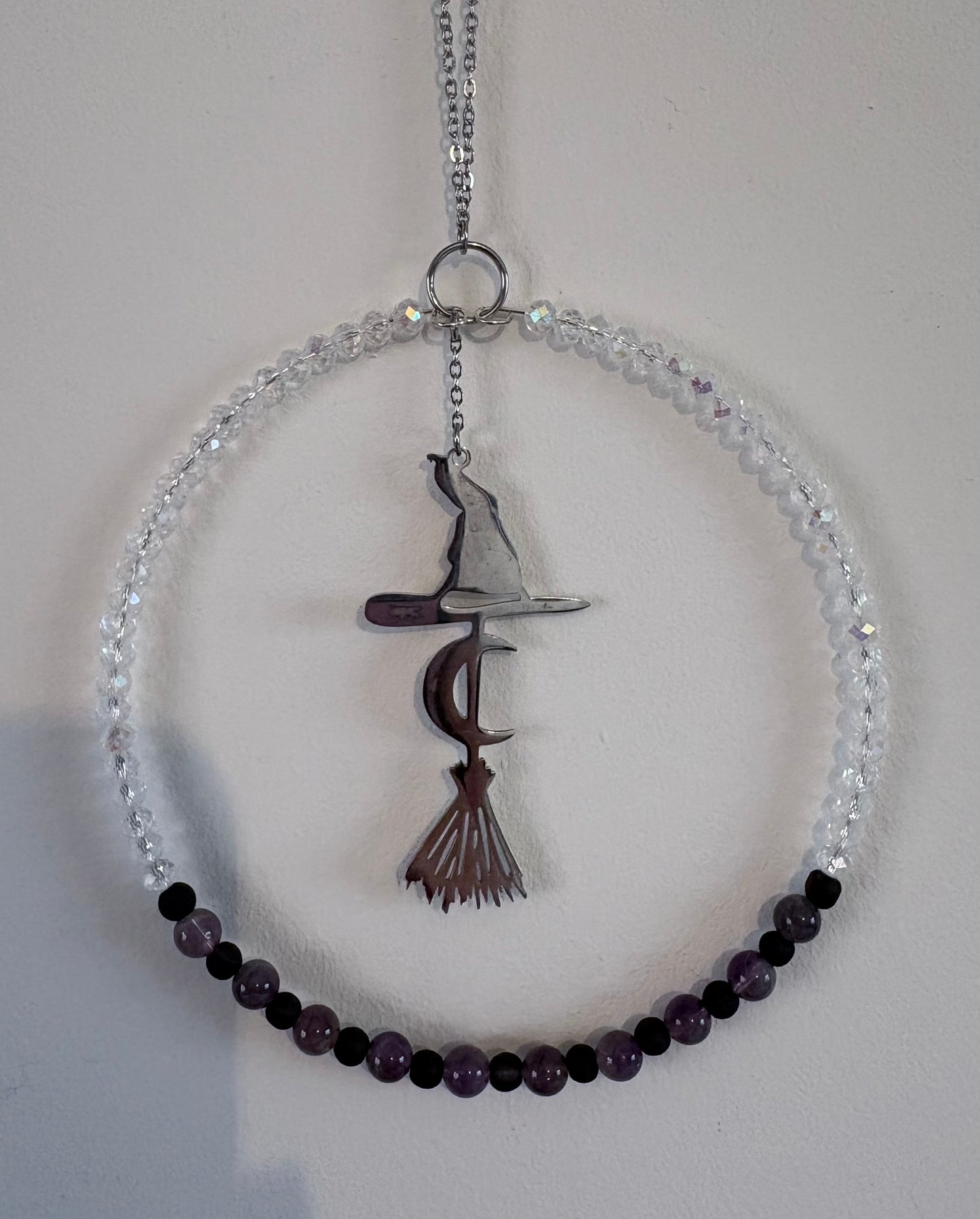 Amethyst & Glass Bead Suncatcher with Stainless Steel Witch Hat, Moon & Broom Charm