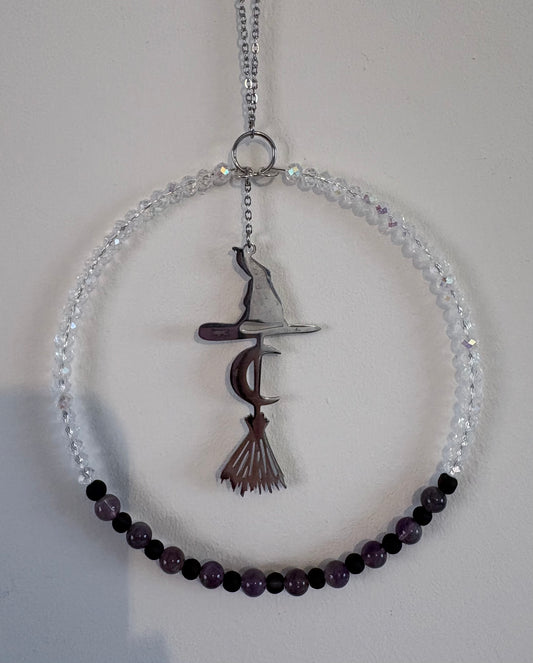 Amethyst & Glass Bead Suncatcher with Stainless Steel Witch Hat, Moon & Broom Charm
