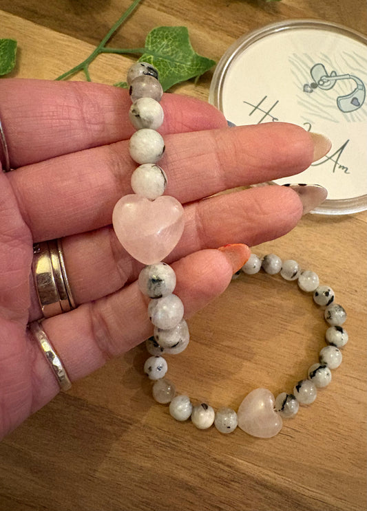 Rainbow Moonstone & Rose Quartz Heart Bracelet