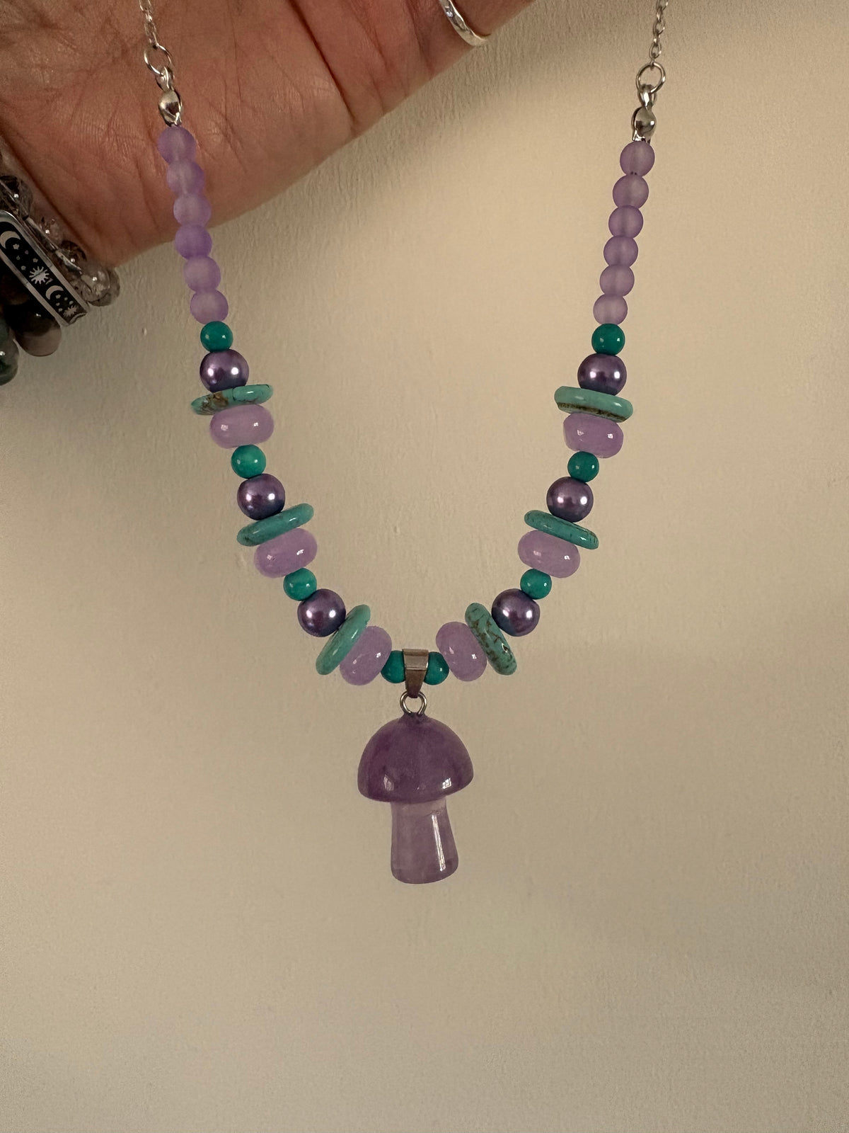 Amethyst Mushroom & Turquoise Beaded Necklace 🍄💜
