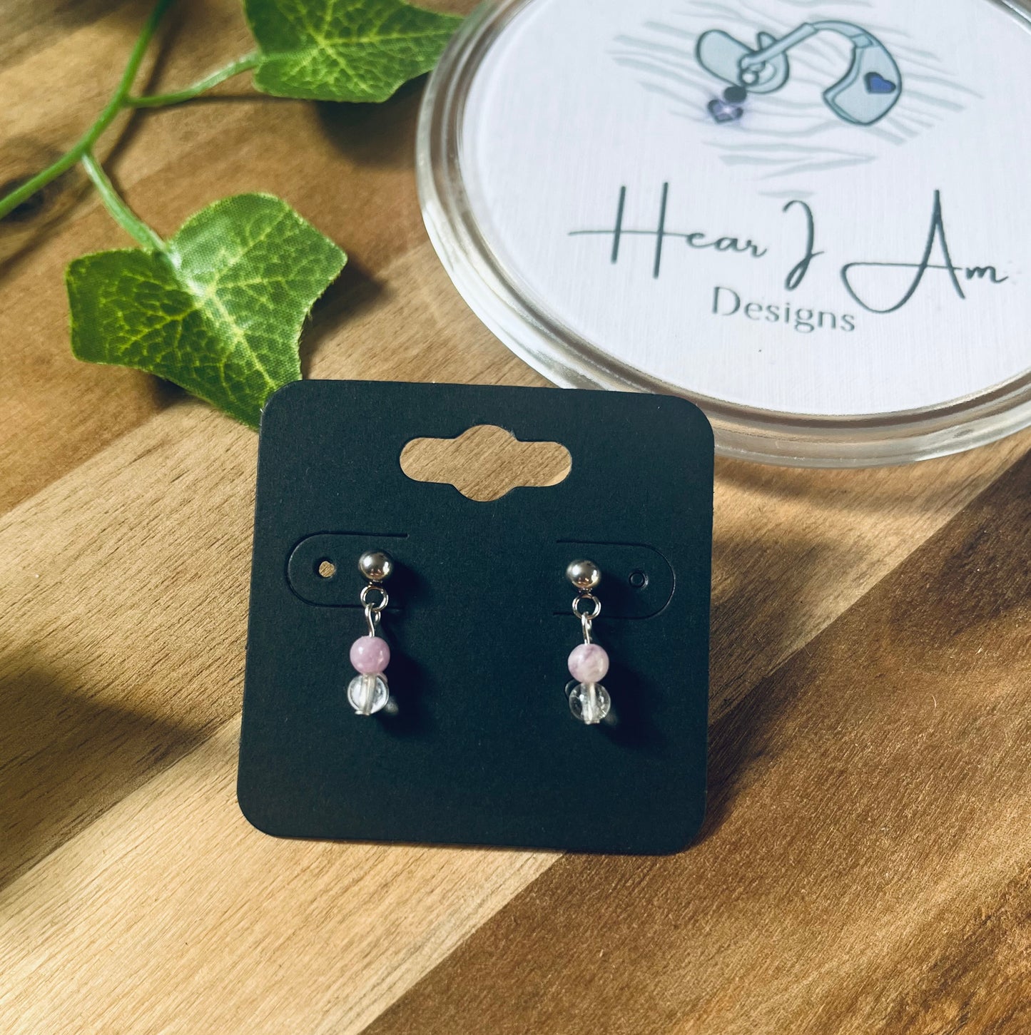 Stainless Steel Stud Earrings with Lepidolite & Crystal Drops
