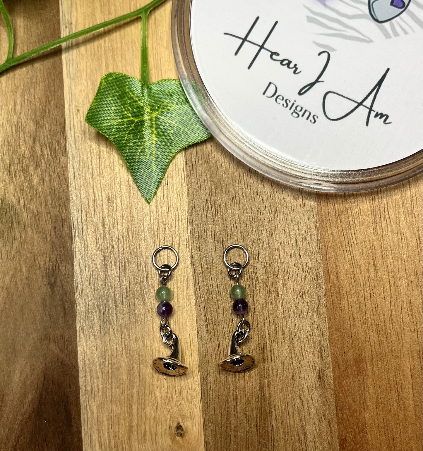 Witch Hat Hearing Aid Charms – Dream Amethyst & Green Aventurine