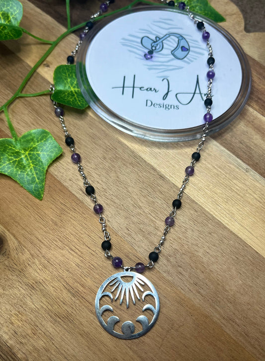 Sun and Moonphase Beaded Necklace - Amethyst, Stainless Steel and Glass Beads