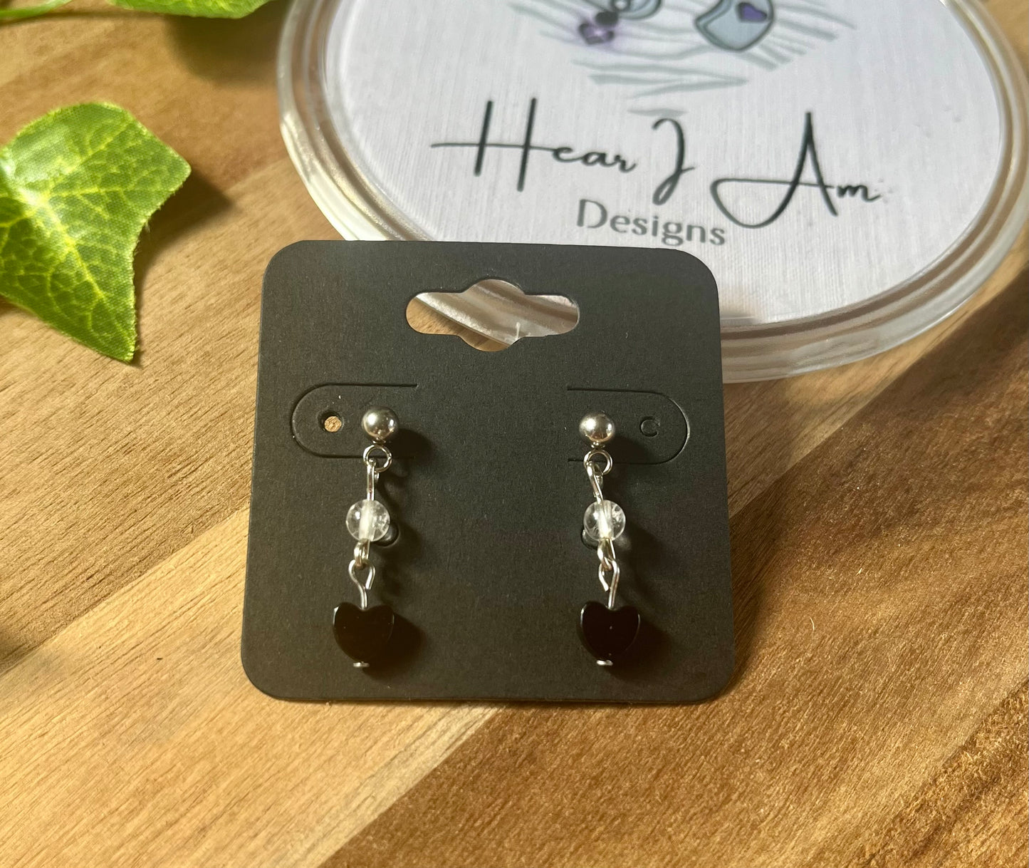 Stainless Steel Stud Earrings with Whitby Jet Hearts & Crystal Beads