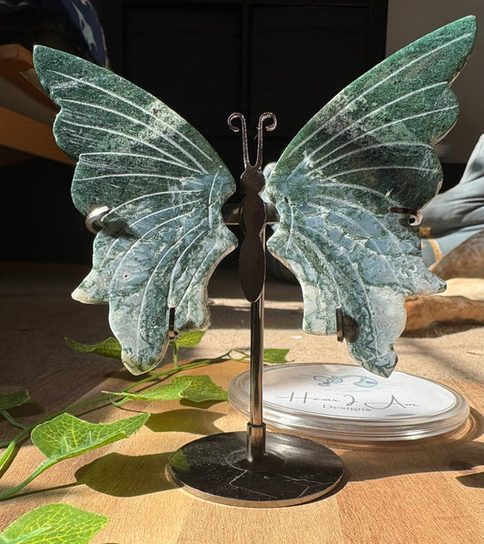 Moss Agate Butterfly Wings on Silver Stand – Hand Carved Natural Crystal Sculpture