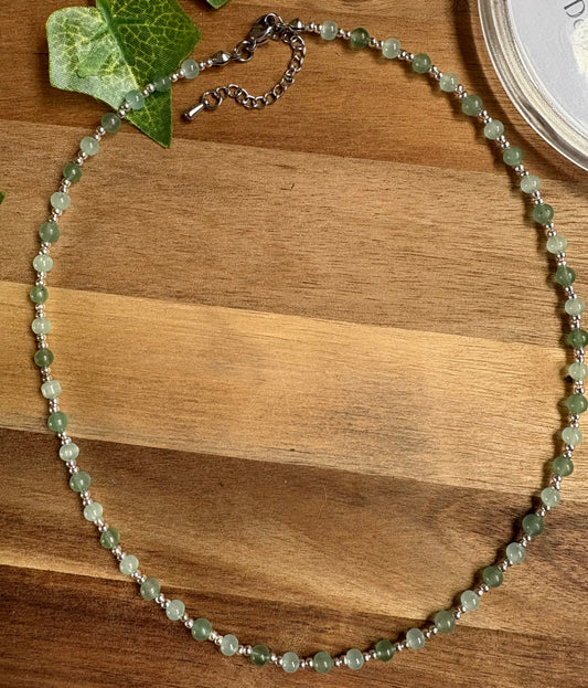 Handmade Beaded Necklace with Green Aventurine, Glass and Stainless Steel Beads
