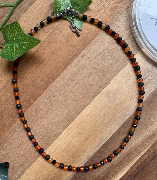 Handmade Beaded Necklace with Carnelian, Lava Stone and Glass Beads