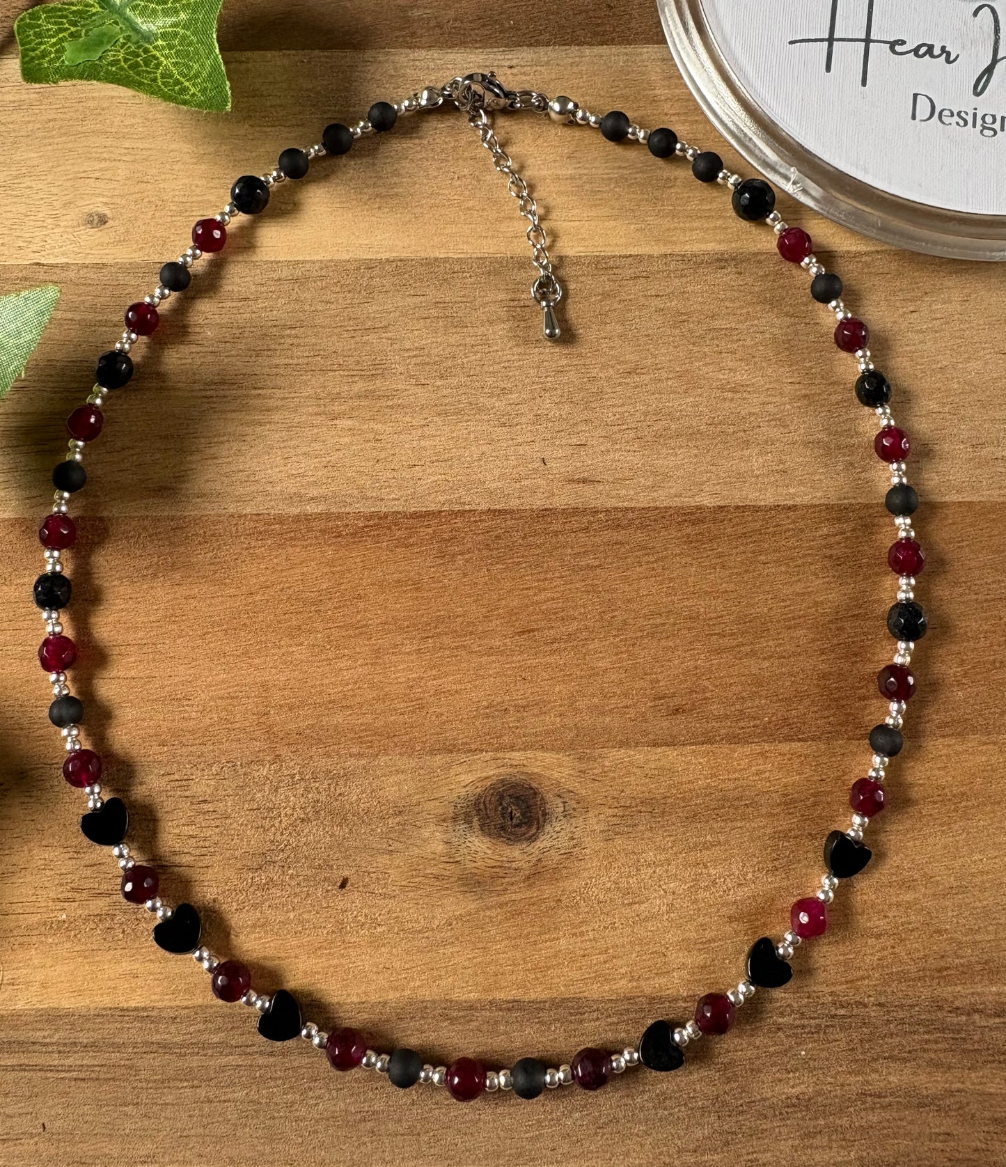 Handmade Beaded Necklace with Whitby Jet Heart Beads, Garnet & Obsidian – Stainless Steel Extender